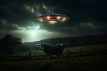A cow stands in a dark field with a shining ufo hovering above, in a surreal, sci-fi scene