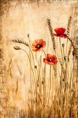 Fototapeta premium Grunge background with poppies and wheat. 