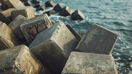 A close view of concrete tetrapod breakwater stones stacked intricately in a wave breaker