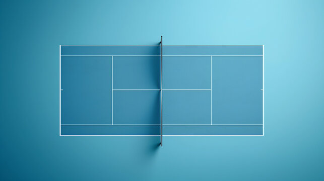 A tennis court with a net and a tennis racket