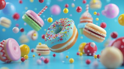 A playful and whimsical scene of donuts, cupcakes, macarons, and candies floating among vibrant, colorful balls against a vivid blue background