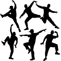 Hip-hop artist of dance on white background, different kind of position vector silhouette