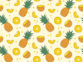Summer Tropical seamless pattern. Pineapple fruit slice in doodle style. Modern Juicy background. Pattern with ananas for cover, wallpaper, packaging
