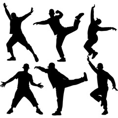 Hip-hop artist of dance on white background, different kind of position vector silhouette