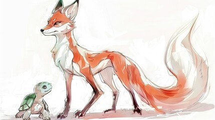   A fox and turtle sit together on a white backdrop