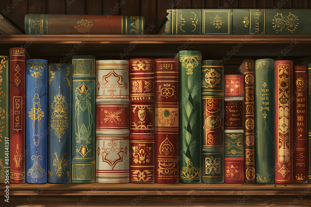 Wall mural A digital illustration of a shelf filled with old, colorful, and decorated books