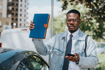 A confident African American businessman in a denim jacket checks his phone while holding a blue...