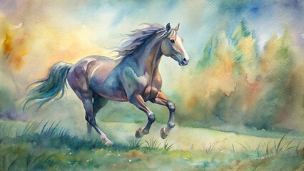 A watercolor painting of a majestic horse and rider speeding across a grassy field 