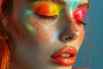 Closeup of woman's face with artistic makeup, paint on skin on gray background, banner copy space. Minimal aesthetic image, beauty concept