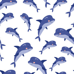 Seamless pattern cartoon dolphin on a white background. Vector illustration for children's wallpaper, textiles, packaging.