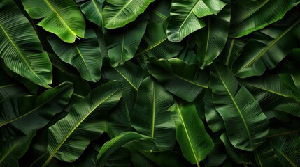 A close-up of a tropical banana leaf showcasing its texture, the image features large palm foliage with a rich dark green color