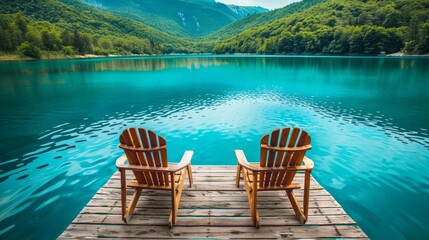 Obraz premium A pair of Adirondack chairs sit invitingly on a wooden dock, oriented towards the tranquil blue waters of a lake, creating an ideal setting for relaxation and reflection
