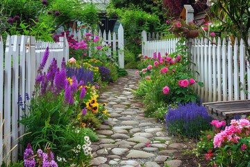 English Cottage Garden - a quaint garden with colorful flowers like roses, lavender, and foxgloves, surrounded by a picket fence, with a stone pathway and a small bench