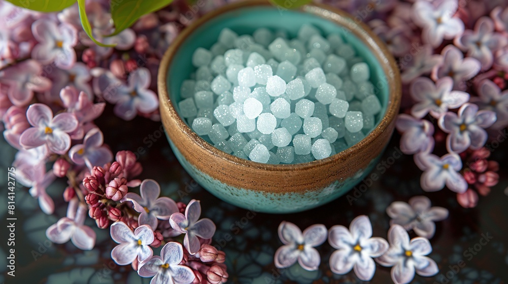 Wall mural a bowl of white beads sits next to pink and white flowers on a table