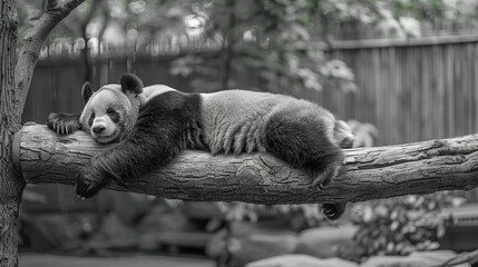  A monochrome picture of a panda bear reposing on a tree limb with its head resting on another tree...