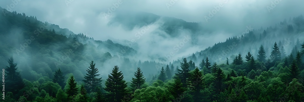 Wall mural a forest and mountain view, cloudy skies, aerial view, texture of green tree forest from above reali - Wall murals