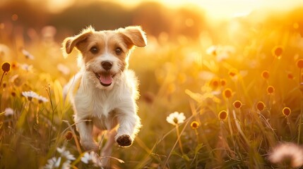 Joyful Puppy Running and Playing in Wildflower Field