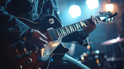 Electric guitar player on stage with blue lights, live concert performance.