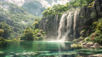 Natural Beauty: A waterfall cascades into an emerald pool