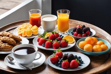 Breakfast includes coffee, orange juice, croissants, cereals and fruit. Balanced diet.