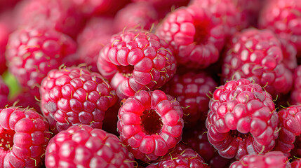   Red raspberries are scattered across a pile, with others surrounding them closely