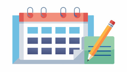 White paper monthly calendar and pencil on the desk. Planning, scheduling, time management concept. Organizing work tasks, daily events, business meetings. Isolated flat vector illustration