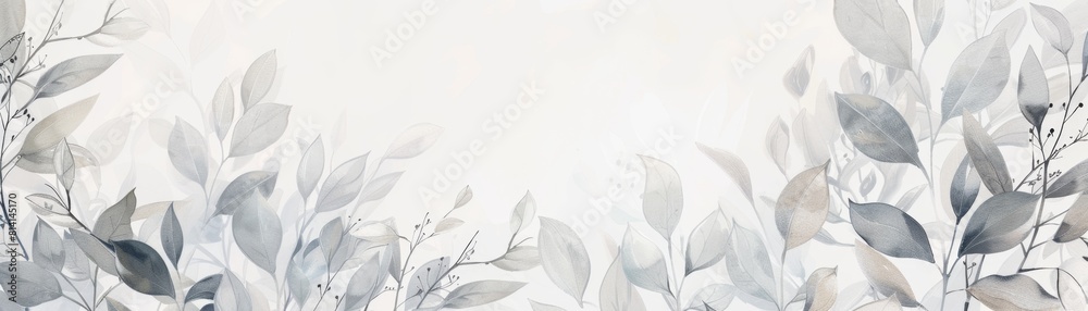 Wall mural light grey watercolor foliage, leaves and vines on light background, banner with copy space area, so