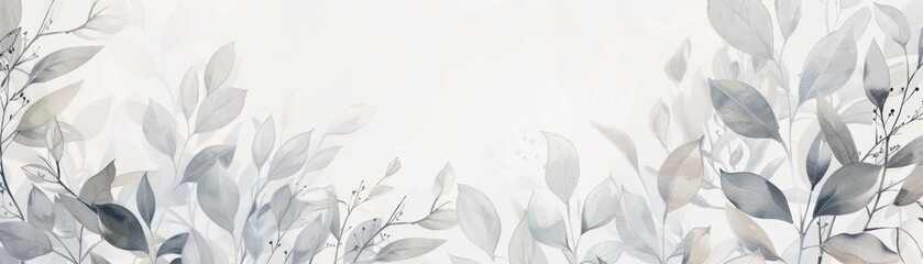 light grey watercolor foliage, leaves and vines on light background, banner with copy space area, soft gray color palette Generative AI