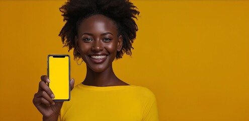 A young woman holding up her phone on a yellow background.