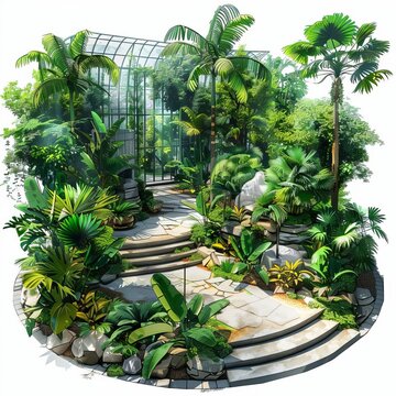 lush tropical atrium with stone path and glass greenhouse