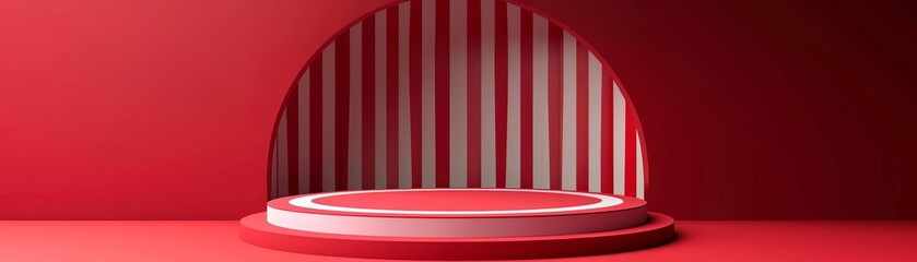Red round stage with red and white striped background.