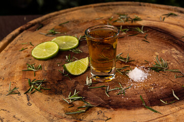 Tequila com limão, sal e alecrim decorativos
