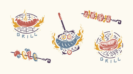 BBQ Time. Set of Grill Barbecue Food. Steak, Fish, Sausage. Meat Kebab or Shashlik and Barbeque Vegetable Skewer. Hand drawing. Vector illustration