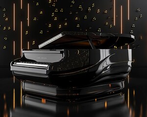 Showcase pedestal, musical notes, glossy piano black, musical style, rhythmic and smooth, concert hall