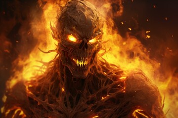 Detailed artwork of a menacing demon engulfed in roaring flames with glowing eyes