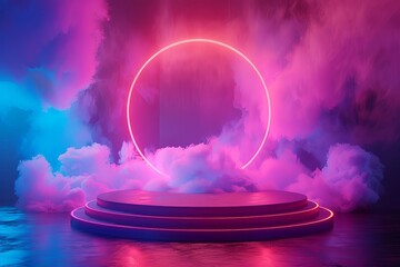 Stunning 3D rendering of a futuristic stage with a glowing neon circle and colorful smoke. Perfect for showcasing products or services in a modern and eye-catching way.