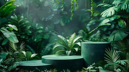 Surreal green jungle with lush foliage and vibrant plants. Three empty podiums stand in the middle, inviting you to place your product or message.