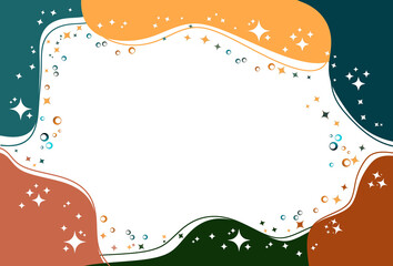 Birthday party invitation template or preschool graduation greeting card blank with frame from spots abstract organic forms in orange - teal colors. Holiday stars background template .Free copy space.