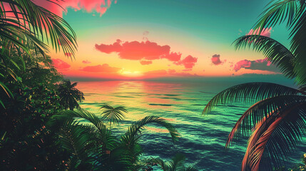 Tropical sunset, a gradient from lush green to deep ocean blue