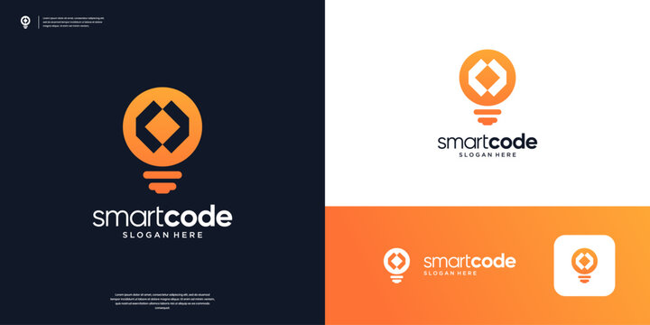 Coding innovation logo icon. Creative light bulb with negative space code symbol logo design.