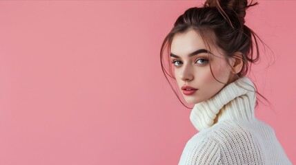 A woman in a white sweater and pink background.