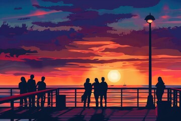 silhouette of people watching breathtaking sunset at sea standing on pier romantic evening sky landscape illustration