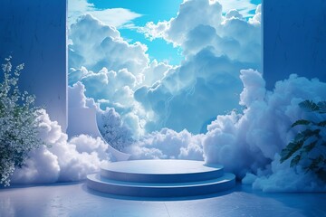 The image is a beautiful 3D rendering of a stage or platform floating in the clouds.