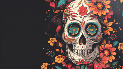 skull with flowers on black background. Dia de los Muertos en Mexico