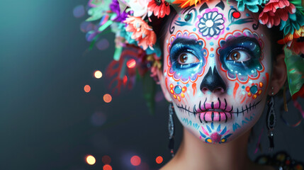 Black background.  beautiful Mexican girl with traditional clavera makeup. dia de los muertos