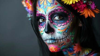 Black background.  beautiful Mexican girl with traditional clavera makeup. dia de los muertos