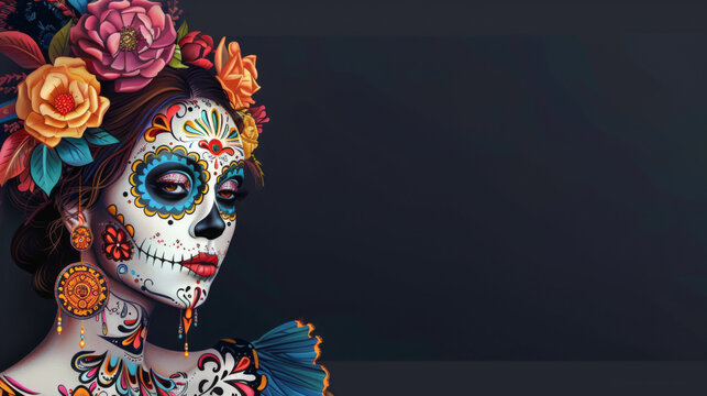 Black background.  beautiful Mexican girl with traditional clavera makeup. dia de los muertos