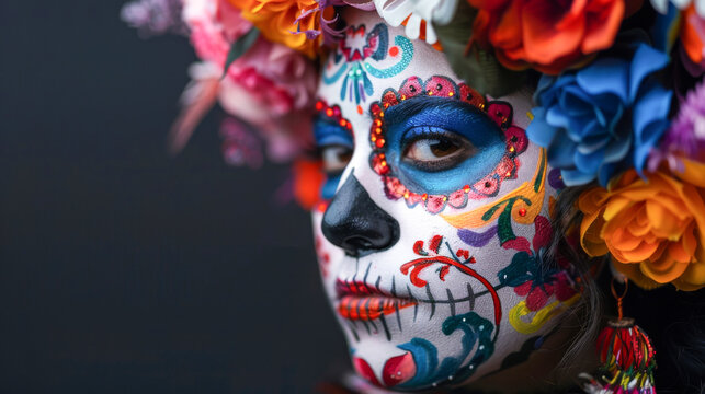 Black background.  beautiful Mexican girl with traditional clavera makeup. dia de los muertos