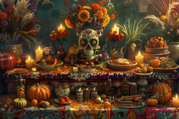 Ofrenda Offering: The solemn moment of offering on the Ofrenda, the deceased's favorite foods, drinks and mementos, surrounded by candles and incense