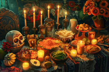Ofrenda Offering: The solemn moment of offering on the Ofrenda, the deceased's favorite foods, drinks and mementos, surrounded by candles and incense